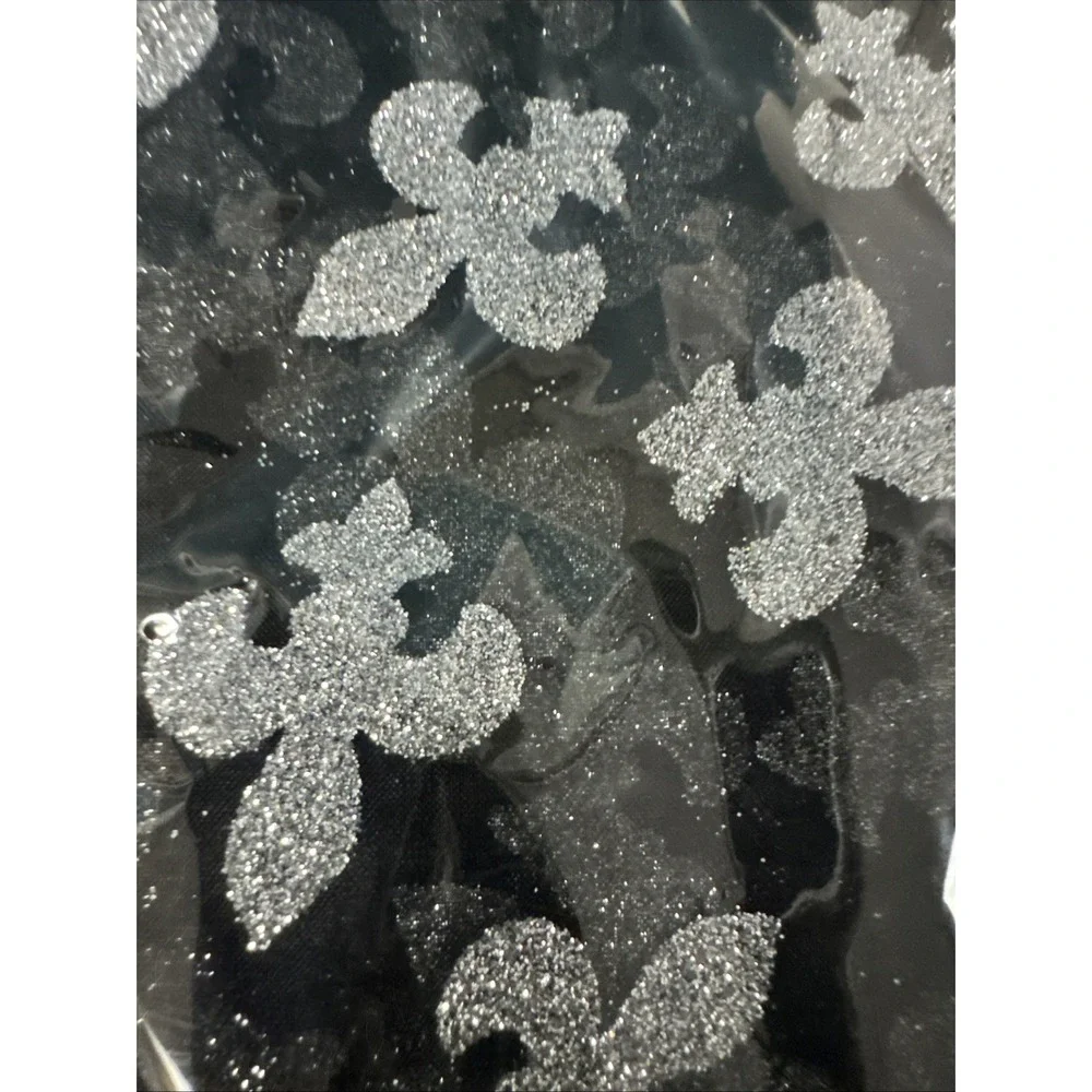 2 Black Flocked Sheer organza Fleur De LIS Silver Glitter 55